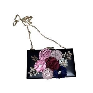 Black 3D Floral Embroidered Clutch Evening Bag